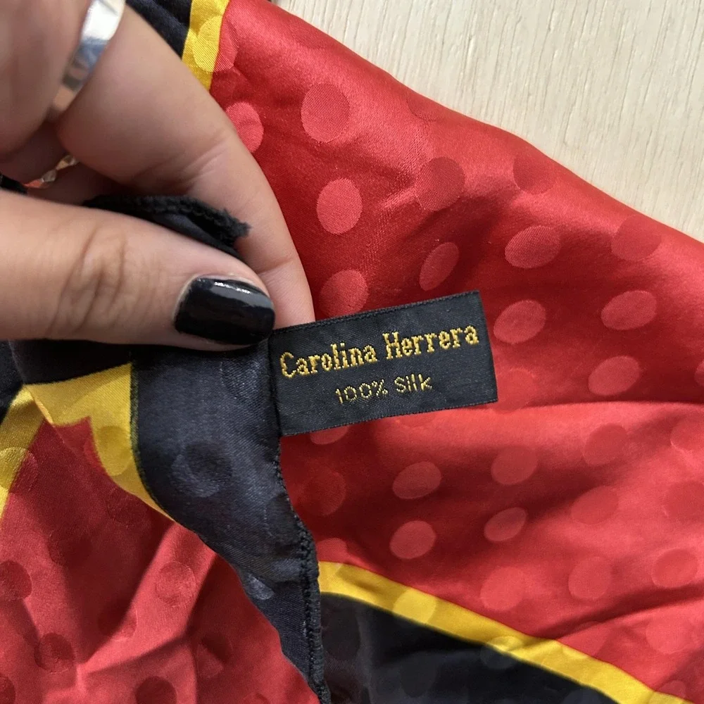 Carolina Herrera Scarf Womens One Size Red Polka Dot Silk Satin Square Logo